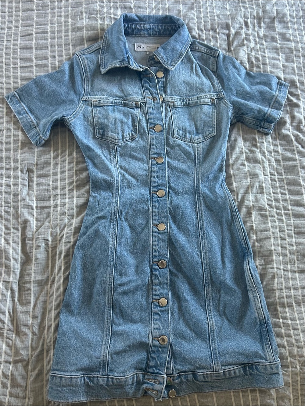 Zara Light Blue Denim Button-Front Dress